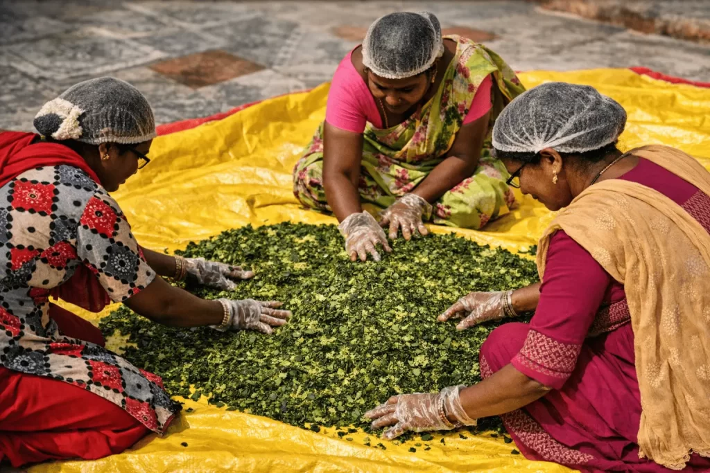 women drying leaves 2